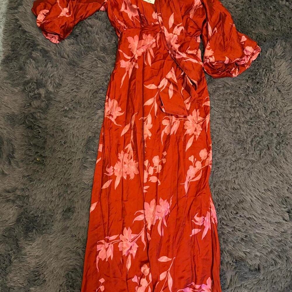 Women's Tie Neck Maxi Dress - Red Floral, size XS